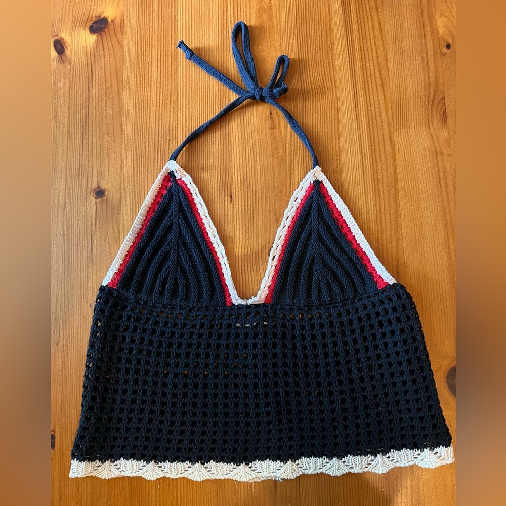 Zara crochet cropped halter top. Blue, white & red. Size M